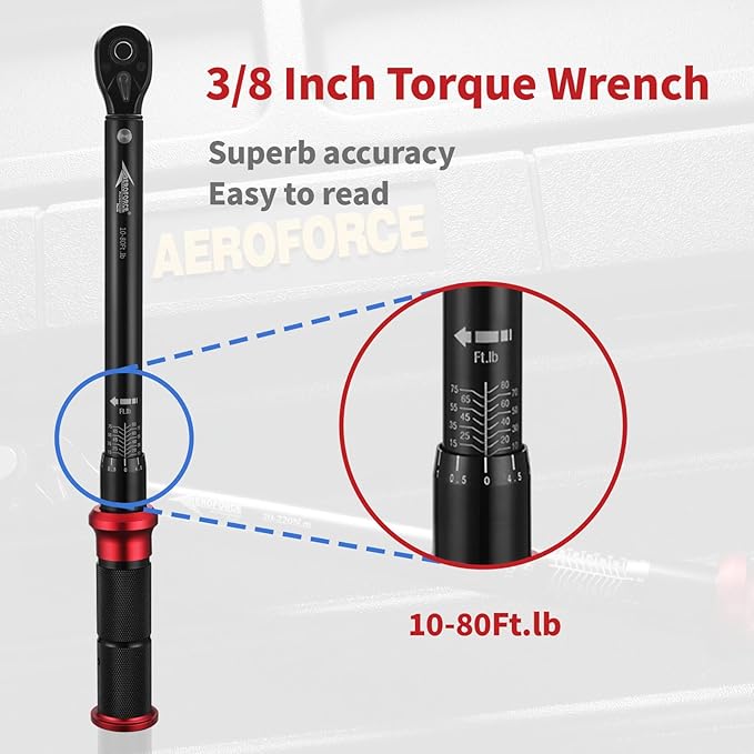 AEROFORCE 3/8-Inch Drive Torque Wrench竊?0-80 lb.ft / 13.6-108.8 Nm),72 Tooth Dual Direction Reversible Ratchet, Dual Range Scales, Precision Calibrated for Bike, Motorcycle and Car Repair