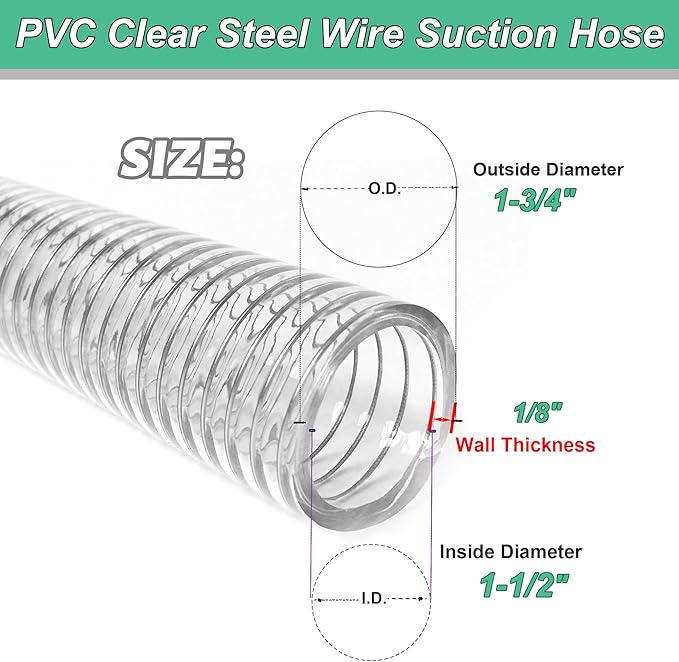 Wire Reinforced Hose 1-1/2" id - 25ft Clear High Pressure Suction Line Plastic Vinyl Tubing with Spiral Steel Wire Suction Hose, Drain Water Fuel Powder