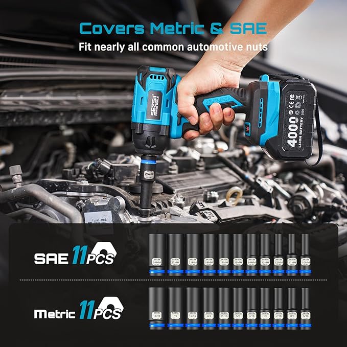 1/2" Drive Deep Impact Socket Set, SAE & Metric Sockets (5/16"-15/16" & 10-24mm), Professional CR-MO Steel, 6-Point for Impact Wrench, Automotive & Truck Repair Tool Kit