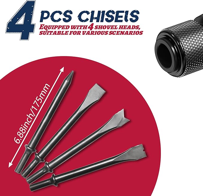 Air hammer, NEU PNEUPACTURE 250mm long barrel air chisel kit, with 4pcs chisels, with quick change retainer, 2200bpm, front exhuast, air chisel for shoveling and cutting
