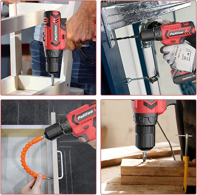 PULITUO Cordless Drill Set, 20V Electric Power Drill with Battery And Charger, 30N.m and 21+1 Torque, 2 Variable Speeds, with 59pcs Drill Driver Bits Kit, Screws Set竊?Red)