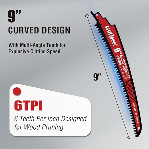 ANGELSWORD 9 Inch Arc Edge Reciprocating Saw Blade, 6TPI, Wood Pruning Saw Blade for Tree Trimming, Wood Cutting, 3 Pack