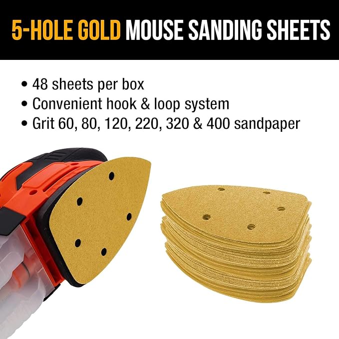 Dura-Gold Premium Mouse Detail Sander Sandpaper, 48 Assorted Grit Sanding Sheets - 60, 80, 120, 220, 320, 400-5 Hole Pattern Hook & Loop Triangle Mouse Discs - Woodworking Wood Crafting, Auto Paint