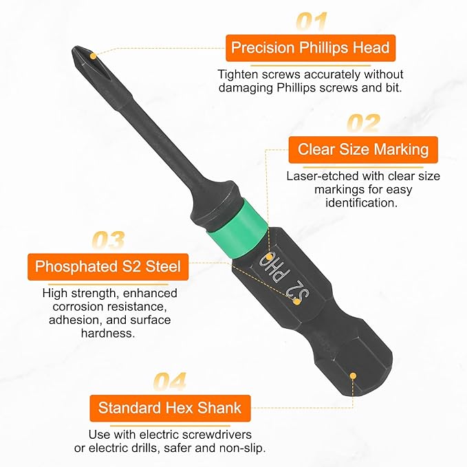 HARFINGTON 5pcs #0 Impact Phillips Screwdriver Bit PH0 1/4" Hex Shank 2" (50mm) Length 0.08" Rod Magnetic Cross Head Drill Bits S2 Steel Industrial Screw Drivers for Impact Power Tools