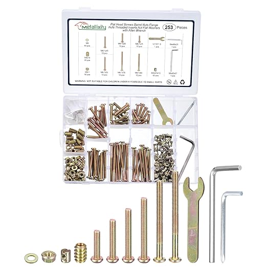 METALLIXITY Crib Screws Replacement Set(M6-1x25/35/45/55/65/75mm) 253Pcs, Carbon Steel Hex Socket Cap Screws with Nuts Washers and Tools for Chair Table Cabinets Furniture, Yellow