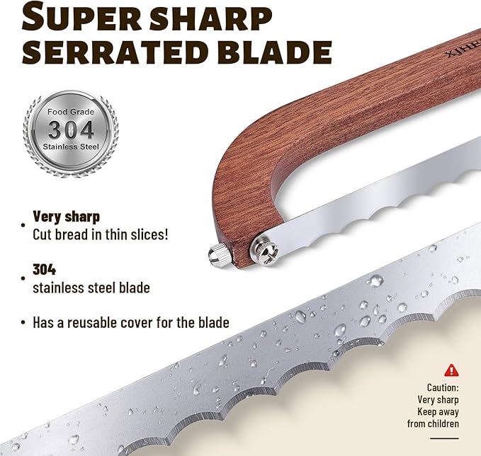 Sourdough bread knife, Bread Knife 16",Bread Slicer for Homemade Bread,Adjustable blade tightness for Even Slicing, Serrated knife,Wooden Bread cutter with Bow Design (3, Red-brown color)