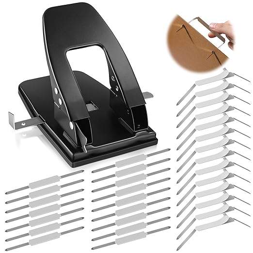 Dreyoo 2 Hole Punch with 100 Prong Paper Fasteners, Heavy Duty Two Hole Paper Puncher for File Folder and Metal File Fasteners Combo Set, 30 Sheet Capacity, Padded Handle(Self Adhesive)