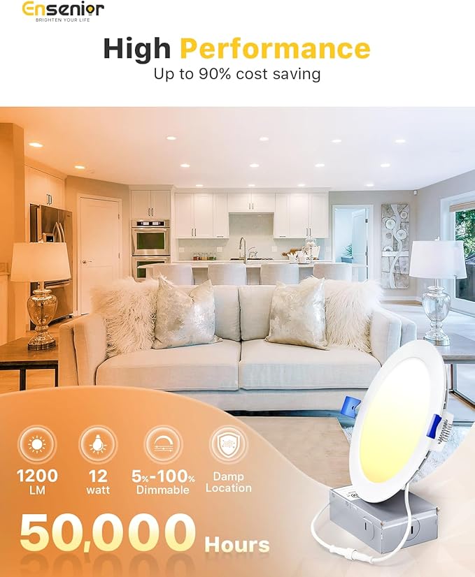 Ensenior 12 Pack 6 Inch LED Recessed Ceiling Light, Dimmable, 4000K Cool White, 1050LM 12W 120V, High Brightness Canless Wafer Downlight - ETL&FCC&IC