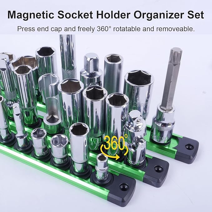 Magnetic Socket Holder Organizer Set:1/4-Inch Drive Socket Trays Socket, 360째 Swivel 14 Clips Socket Holder Kit, For Automotive Mechanic Garage (Green)