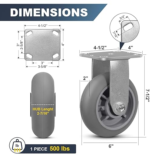 6"x 2" Heavy Duty Caster, Thermoplastic Rubber Casters(Crown Tread)- 500 Lbs Per Casters, Plate Caster for Furniture Platform Trucks Workbench(2 Pack Rigid)