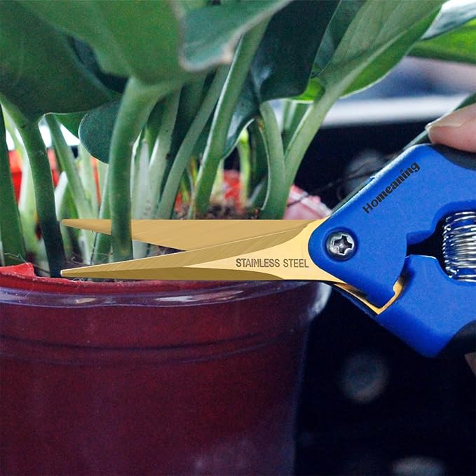 1 Pack Garden Pruning Shears with Curved Blades Trimming Scissors, Gardening Hand Pruning Snips Titanium Coated Precision Bonsai Pruning Shears, Convenient Flower Cutters(Blue)