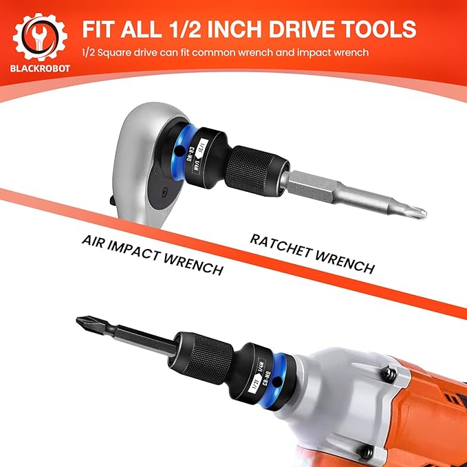 BLACKROBOT 2PCS Quick Release Impact Bit Holders 1/2-Inch Square Drive to 1/4-Inch Hex Socket Adapter, CR-MO Steel, Blue