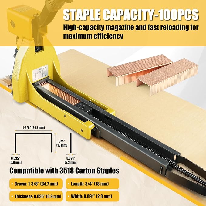 HB3518 Manual Carton Closing Stapler, 16 Gauge 1-3/8-Inch Crown, 3/4-Inch Length Carton Staples, Carton Stapler, Corrugated Carton Staple Gun for Closing Cartons Folding Boxes