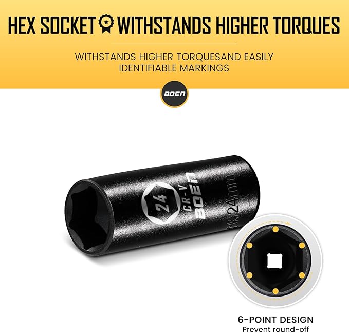 BOEN 1/2" Drive Deep Impact Sockets,Premium Impact Socket,24mm Socket,Metric,6 Point,Cr-V Steel with Laser Marking - Strong and Durable