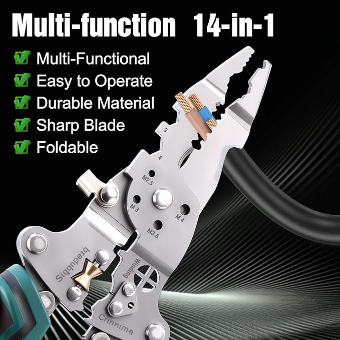 Multi-Function Foldable Wire Stripper, Multifunctional Professional Electrician's Pliers with Voltage Tester, 14-in-1 Wire Stripper & Tester for Stripping, Peeling, Cutting, Shearing