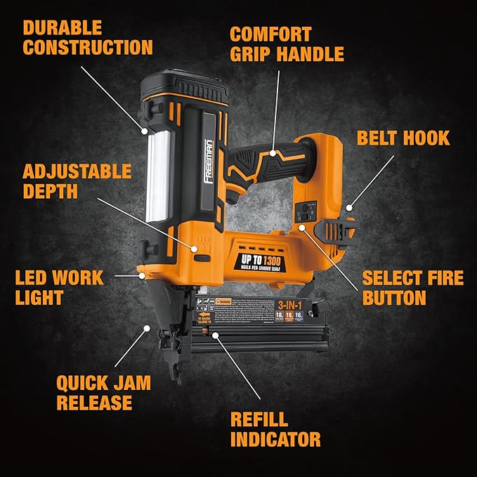 Freeman PE20VT31618 20 Volt Cordless 3-in-1 16 and 18 Gauge Nailer / Stapler (Tool Only) ??1300 Shots per Charge