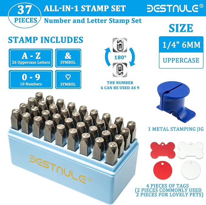 BESTNULE Metal Stamping Kit, Number and Letter Stamp Set (A-Z, 0-9 and &, Love Symbol), Industrial Grade Hardened Carbon Steel, Perfect for Imprinting Metal, Wood, Plastic, Leather (1/4", 6MM)