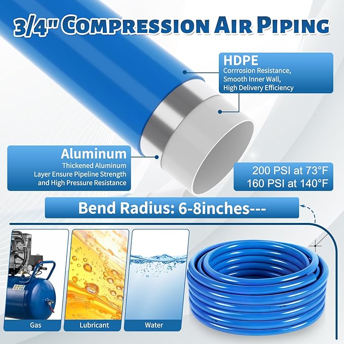 Shop Air Line Kit 3/4??100FT Compressed Air Piping System HDPE-Aluminum-HDPE Air Tubing with 4-Way Aluminum Blocks Brass Valves Air Piping Fittings Kit Air Compressor Accessories for Garage