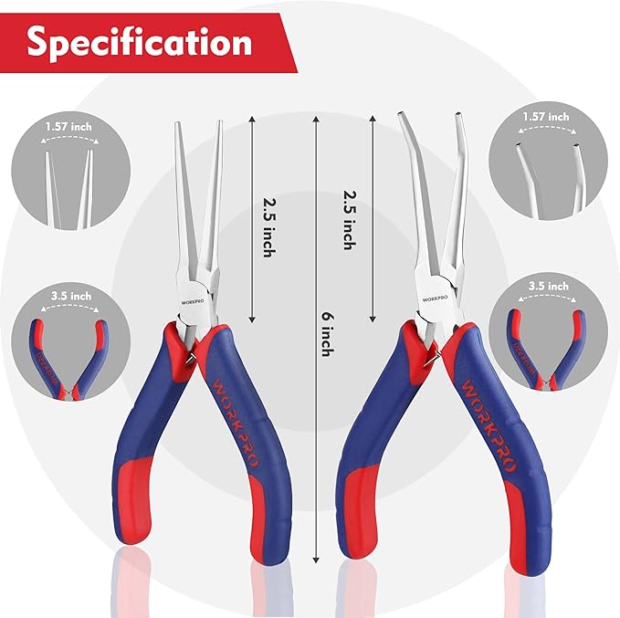WORKPRO 2-Piece 6" Mini Needle Nose Pliers Set(Smooth Jaw), Long Nose Pliers, Bent Nose Pliers with Comfort Grip Handles, Jewelry Plier For Wire Wrapping, Handmade Craft, Jewelry Making Supplies
