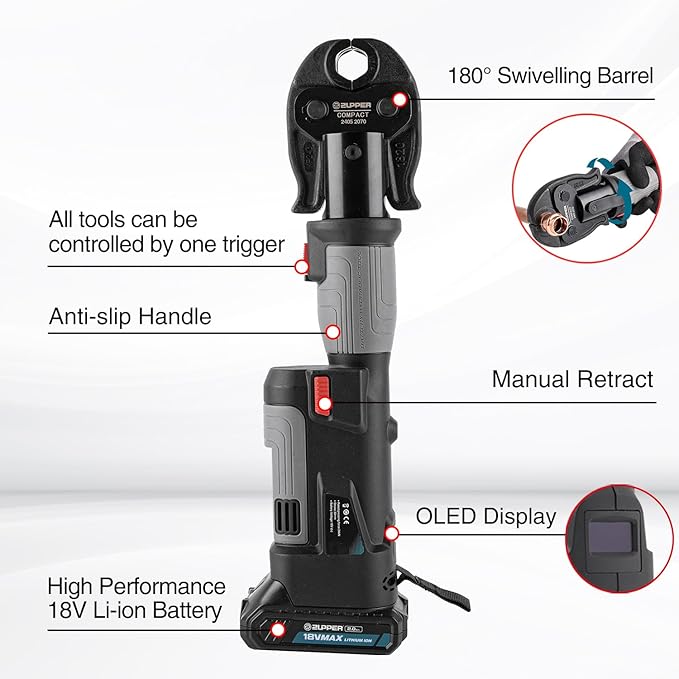 ZUPPER Compact Pro Press Tool kit with 1/2", 3/4", 1" Copper Pro Press Jaws, 2pcs Battery, Fast Charger & Carrying Case