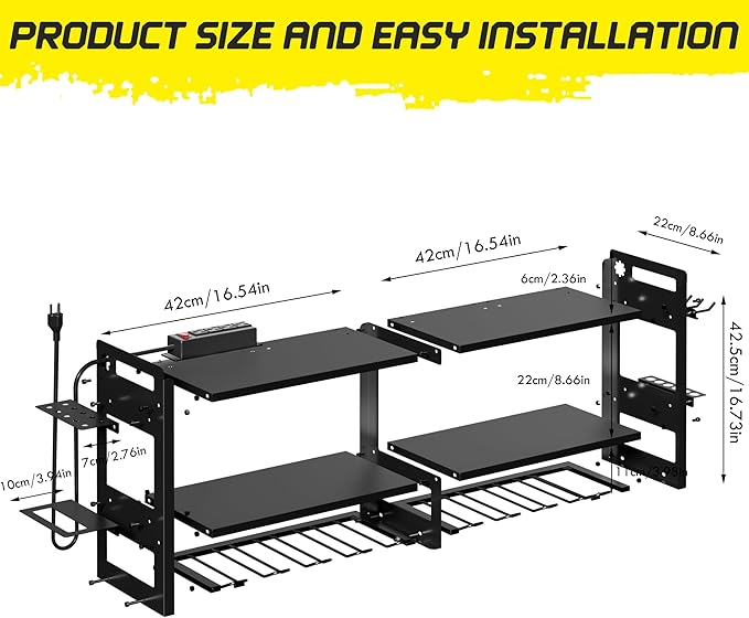 TOPRINCE Large Power Tool Organizer Wall Mount with Charging Station, 3-Tier Heavy Duty Metal Tool Rack with 8 Drill Holders and 6FT Power Strip, Garage Workshop Storage.Black