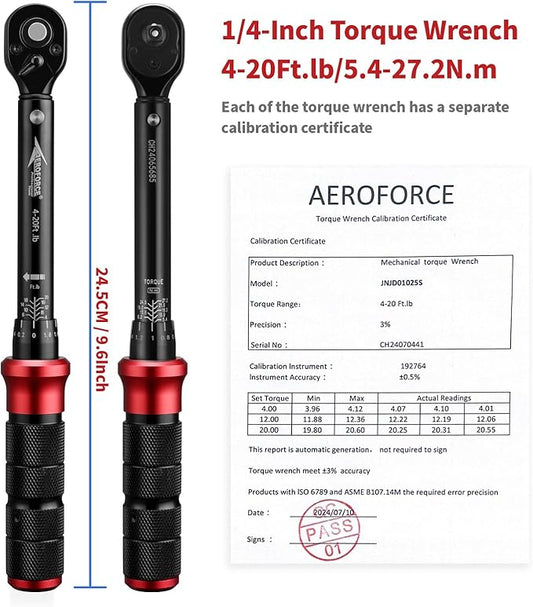 AEROFORCE 1/4-Inch Drive Click Torque Wrench (4-20 lb.ft / 5.4-27.2 Nm),72 Tooth Dual Direction Reversible Ratchet with Dual Range Scales, Precision Calibrated for Bikes & DIY