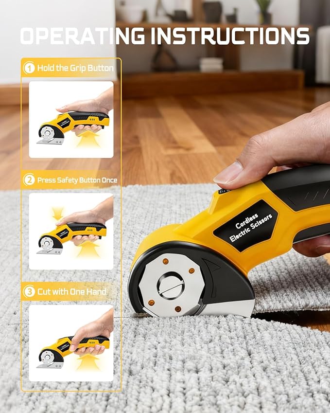 Cordless Electric Scissors,3000mAh Cardboard Cutter Rechargeable,Electric Box Cutters with 2 Blade, 4V Upgrade Motor,Safety Lock & LED Light, Powerful Cutting Tool for Paper,Carpet