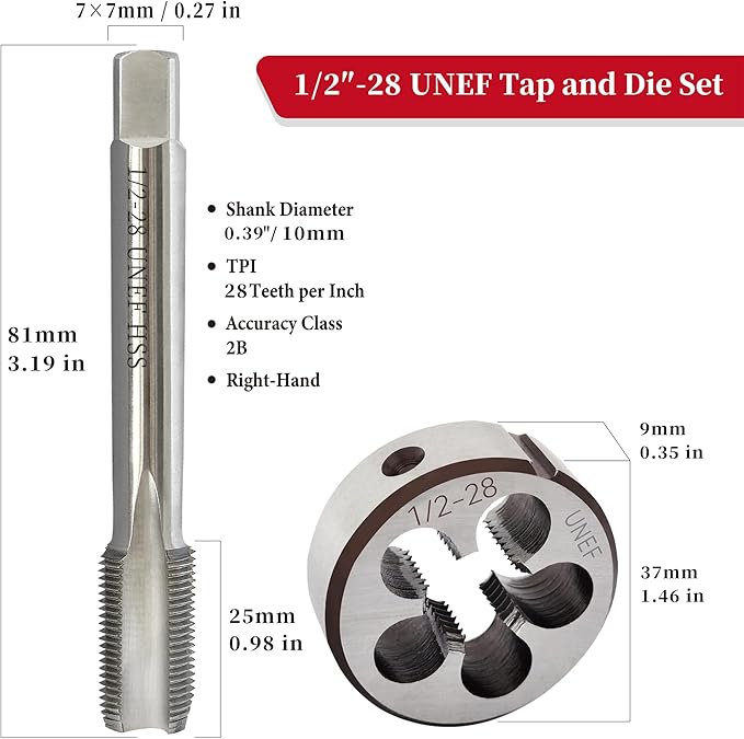 1/2"-28 UNEF Tap and Die Set, 1/2x28 Tap and Die, HSS 6542 Machine Right-Hand 1/2 x 28 Thread Tap and Round Die