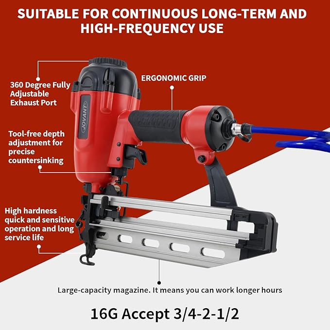 Pnumatic Finish Nailer,16Gauge Nail Gun Acepts 3/4 Inch up to 2-1/2 Inch Finish Nails.Brad Nailer Gun Can Hit Hardwood Ideal for Upholstery (Include 6m Air Tube & Portable Bag)