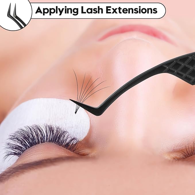 Ms.Queen Tweezers for Eyelash Extensions, Fiber Grip S-Curved Lash Tweezers for Inner Corner,Volume & Classic Lashes,Black