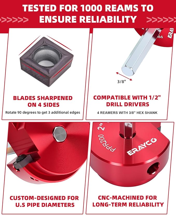 ERAYCO 4-Piece PVC Pipe Reamer Kit, Plastic Pipe Fitting Reamer Tool, Fit into Standard 1/2" Drills, PVC Fitting Saver for SCH40 PVC CPVC ABS Pipe (1-1/2'', 2'', 3'', 4'')