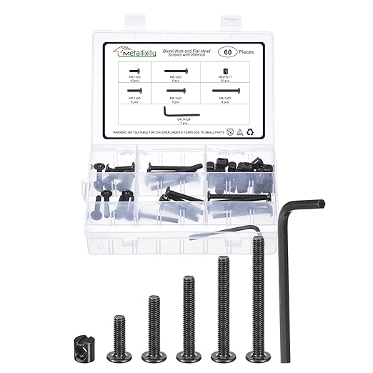 METALLIXITY Furniture Crib Screws Replacement Set with Wrench(M6-1x20/30/40/50/60mm) 60Pcs, Connector Bolt M6 Screw Barrel Nuts Binding Screws, for Chair Cabinet Bed, Black