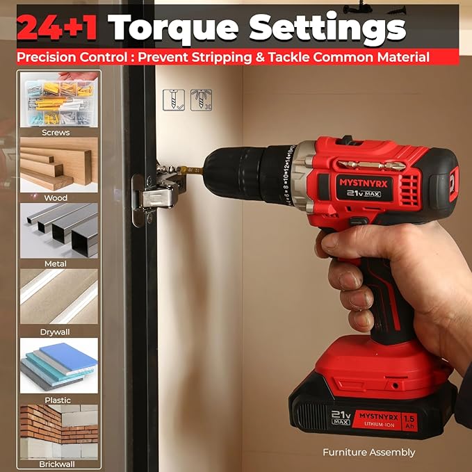 21V MAX Cordless Drill/Driver Kit, 2 Batteries and Charger, 26 Accessories, 3/8-Inch Keyless Chuck, 2 Variable Speed, 24+1 Position, LED Light, Toolbox