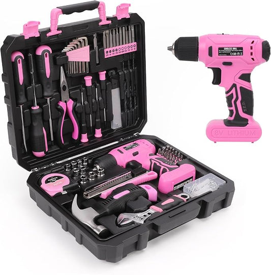 Pink Tool Set with 8V Cordless Drill, 158-Piece Home Repair Kit, General Household Hand Tools with Screwdriver, Pliers, Hammer, Wrench, knife, for women and men