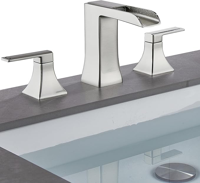 Brushed Nickel Bathroom Faucet, Sanliv Widespread Bathroom Faucet for 3-Hole Sinks 4-8 inch, 2-Handle Waterfall Vanity Faucets with Pop-Up Drain, Brushed Nickel