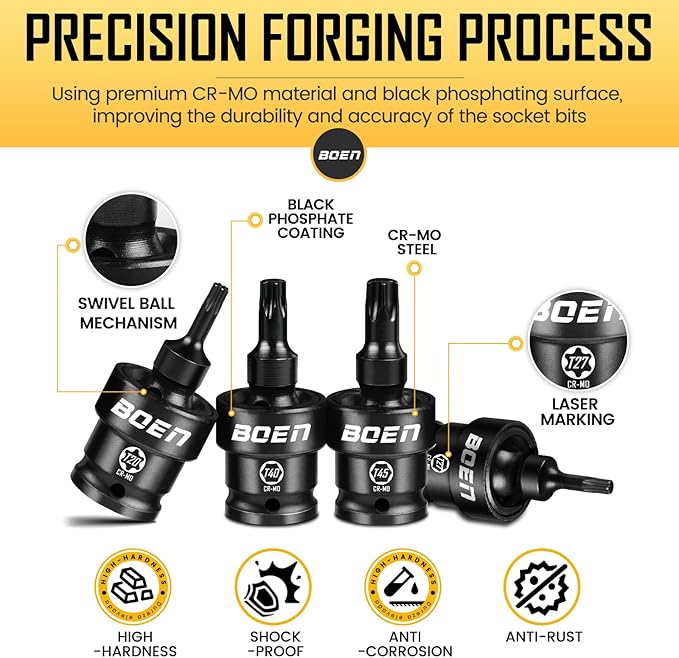 boen 3/8" Drive Universal Torx Bit Socket Set, 7-Piece SAE Impact Swivel Star Bit Sockets, 360째 Rotation Flexible Wobble Torx Bit Driver Socket Set, With Storage Rail, CR-MO Steel