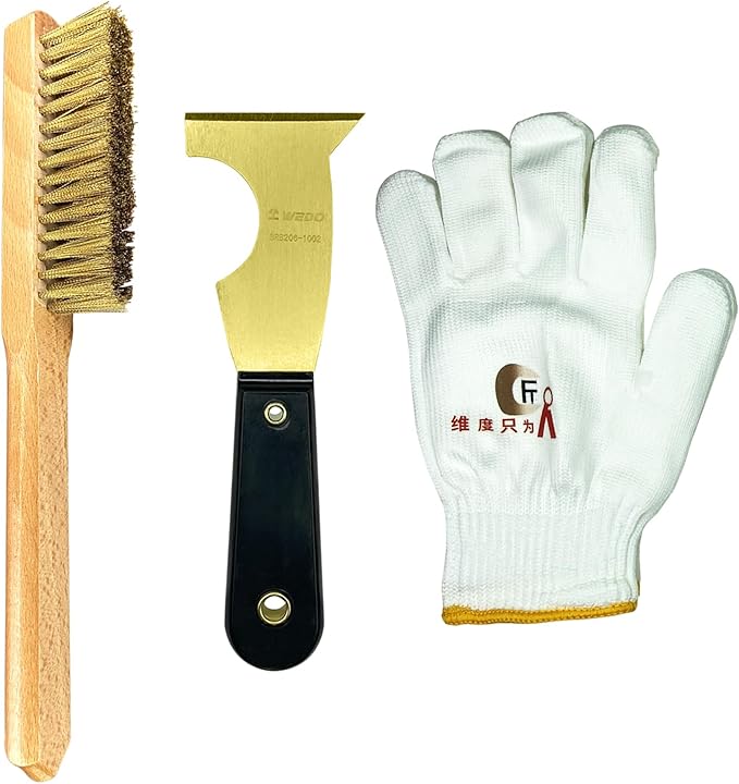 WEDO 3pcs Brass Putty Knife Set, 2-1/2" Paint Scraper with Bakelite Handle, 11" Brass Wire Brush,A Pair of Gloves,Scraper Tool for Plaster Scraping Drywall Finishing