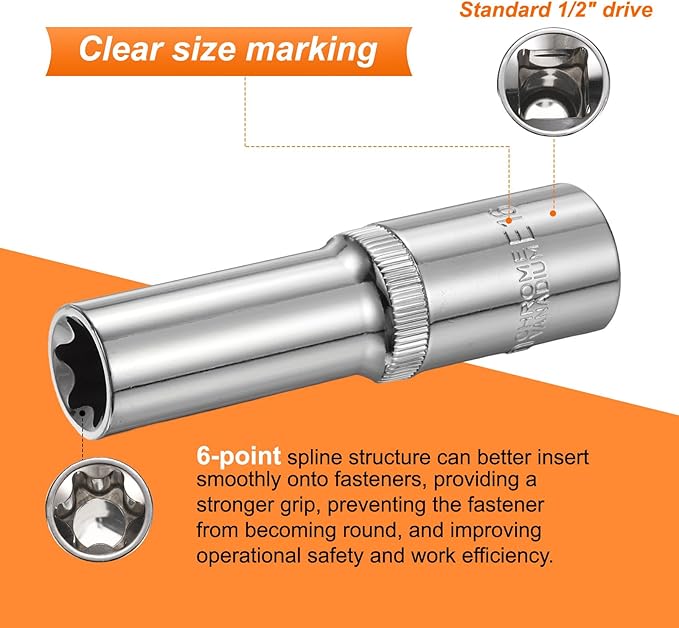 HARFINGTON 3pcs E-Torx Socket 1/2" Drive E12-E16 Star Female Socket 3.1" Length External Torx Deep Sleeve Chrome Plating 6 Point Spline Sleeve for Auto Repairs Home Maintenance
