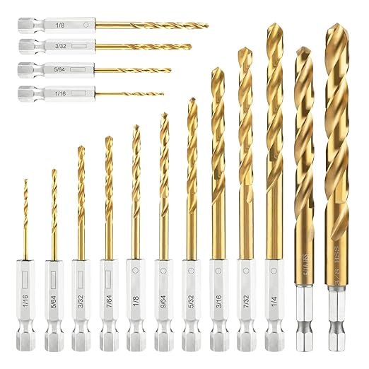 amoolo Hex Shank Drill Bit Set, 16pcs Titanium HSS Twist Impact Drill Bit Set for Metal, Steel, Wood, Plastic, Quick Change Design (1/16??3/8??