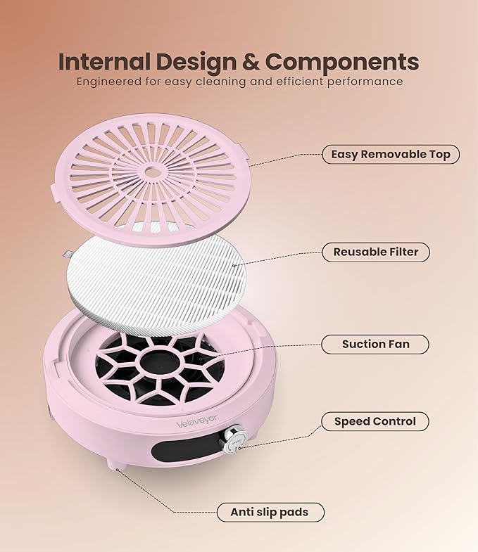Nail Dust Collector, Rechargeable & Cordless 3800 RPM Low Noise Nail Vacuum Fan with LED Display, Adjustable Speed, Reusable Filter, 30 Pcs Paper, for Acrylic Nails, Salon & Home, Pink