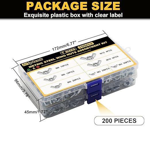 Siptenk Wing Nuts 200PCS, Metric & SAE Wingnuts 13 Assorted Sizes Carbon Steel Zinc Plated Butterfly Wing Nut M3-M12 6-32 to 3/8"-16 Fasteners Hardware Assortment Kit