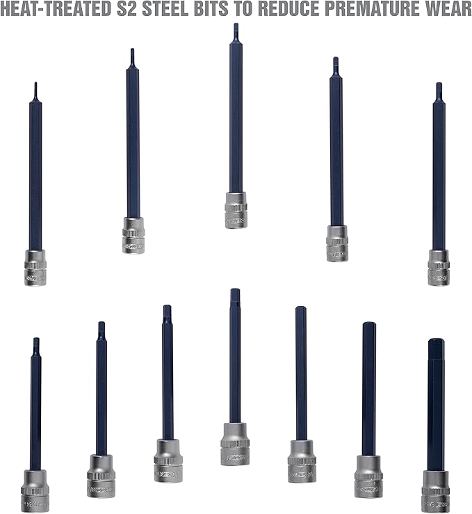 OEMTOOLS 23563 12-Pc Extra Long Hex Socket Set (SAE), Hex Bit Socket Set 1/4" and 3/8" Drive, 1/16"-3/8" S2 Steel Bits, Storage Case Included
