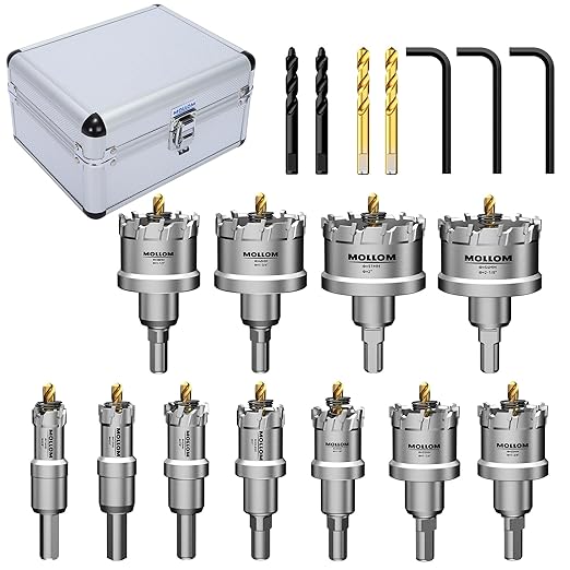 Mollom 11Pcs Hole Saw (16-54mm) TCT Carbide Hole Saw Kit for Hard Metal, Extra 2xTitanium & 2xStepped Pilot Drill bits and 3Pcs Hex Key for Stainless Steel, Iron,Aluminum,Alloy,Metal