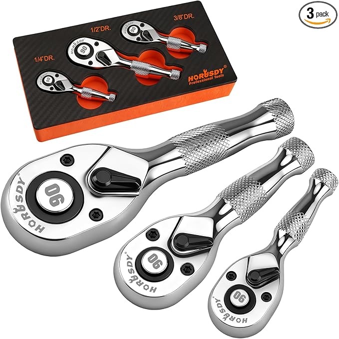 HORUSDY 3 Piece 90T Stubby Ratchet Handle Set, 1/4" 3/8" 1/2" Drive Mini Socket Wrench, Compact Reversible Ratchets for Tight Spaces, Car & Home Repair, DIY, Mechanic Tool