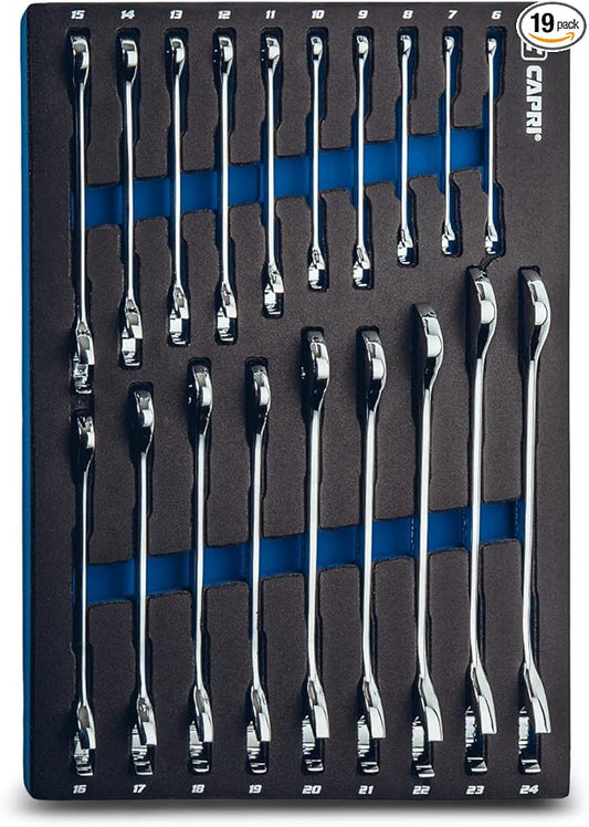 Capri Tools Angle Open End Wrench Set, 30째 and 60째 angles, 6-24 mm Metric, 19-Piece with Mechanic's Tray