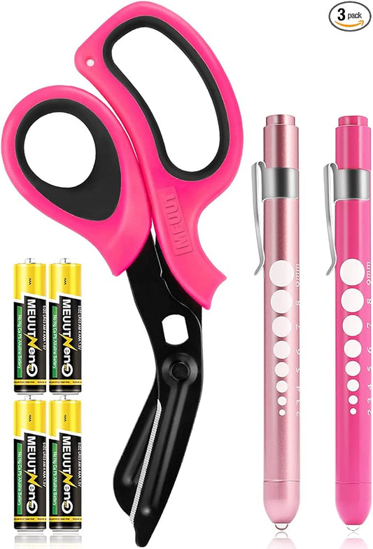 MEUUT 3 Pack Pen light & Medical Scissors-One Pantented Trauma Scissor Two LED Penlight with Pupil Gauge -8" Bandage Scissor for Nurse Doctor EMT