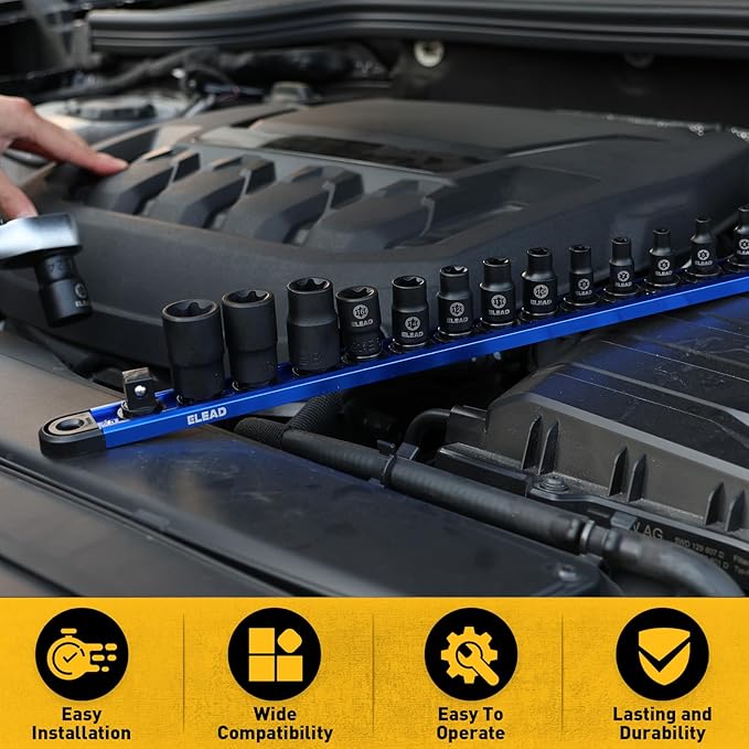 14-Piece Female E-Torx Star Socket Set with Magnetic Storage Rail, 1/4", 3/8", 1/2" Drive E4 - E24 External Impact Socket Set, Chrome Vanadium Steel, High Visibility Markings
