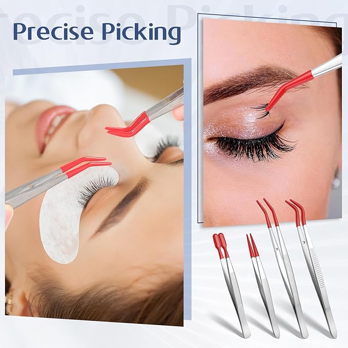 4 Pcs Tweezers with Rubber PVC Coated Set Precision Tweezers Straight Tip Rubber Flat Tip Long Bent Tweezer for Crafting, Jewelry, Electronics, and Lab Work