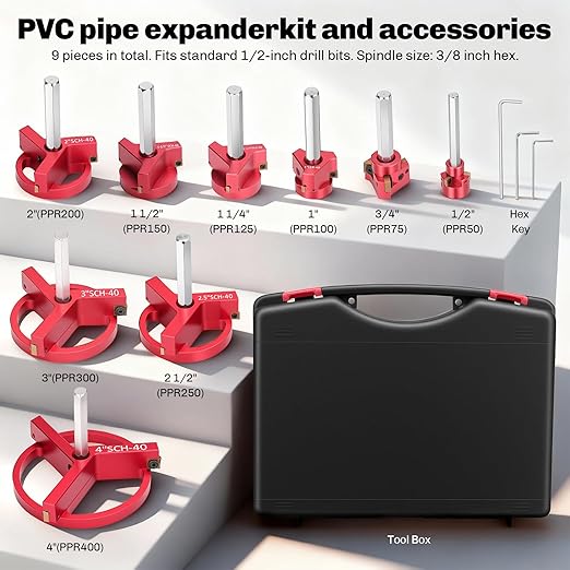 9Pcs PVC Pipe Reamer, Pipe Reamer for SCH40, Includes 1/2 inch, 3/4 inch, 1 inch, 1-1/4inch, 1-1/2inch, 2inch, 2-1/2inch, 3inch, 4inch Head Aluminum with 2 Blades PVC Fitting Saver