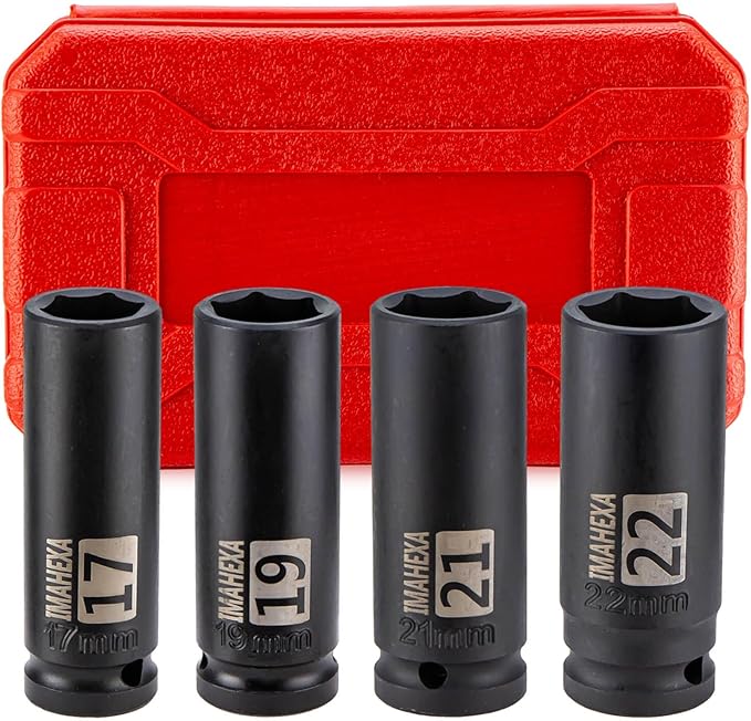 1/2" Drive Deep Large Impact Socket Set, 4-Piece Spindle Axle Nut Metric 6 Point Sockets Set, Metric Sizes(17,19,21,22mm),CO-MO Meterial